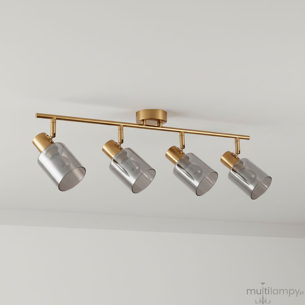 Lampa sufitowa Santia z czterema reflektorami, wykonana z mosiądzu i dymionego szkła. Reflektory mają cylindryczny kształt, a całość zamontowana jest na złotej listwie. Produkt wisi pod sufitem na jednolitym tle.