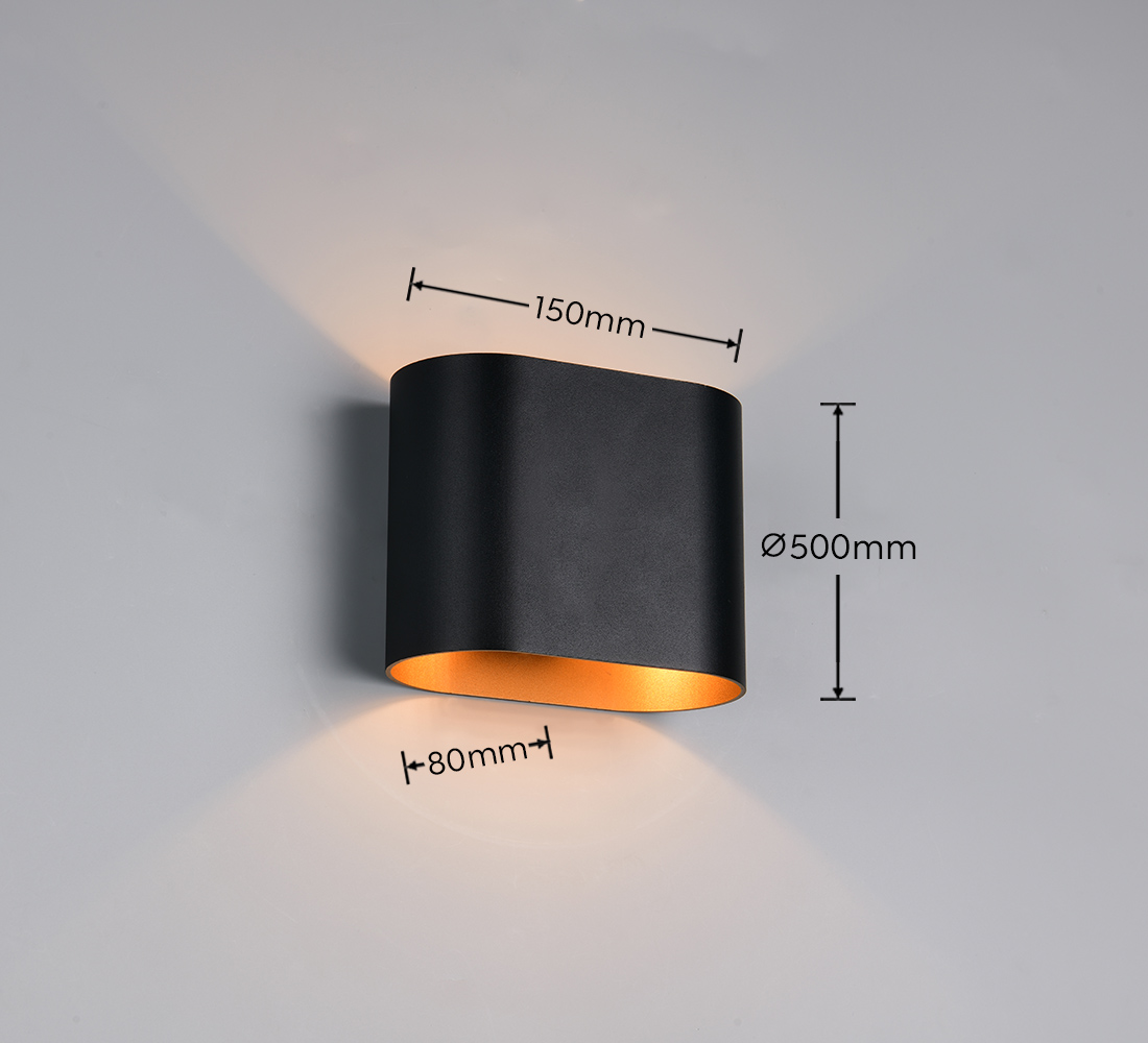 Kinkiet Alani w kolorze czarnym, wykonany z matowego materiału. Owalny kształt, wymiary: 150 mm szerokości, 80 mm głębokości, średnica 500 mm. Emituje światło w górę i w dół, idealny do nowoczesnych wnętrz.