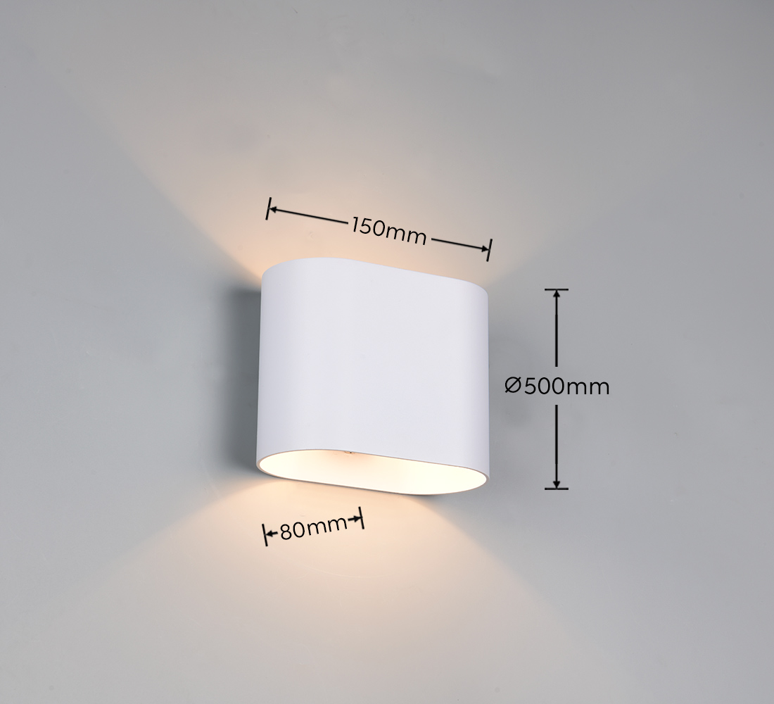 Kinkiet Alani 1xG9 w kolorze białym, o zaokrąglonym kształcie. Wymiary: 150 mm (szerokość), 80 mm (wysokość), średnica 500 mm. Montowany na ścianie, emituje miękkie światło w górę i w dół. Proste tło podkreśla jego nowoczesny design.