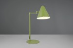 Lampa stołowa Cosima w zielonym kolorze z kloszem w kształcie stożka, na prostym, okrągłym stelażu. Ujęcie z boku, pokazujące całą konstrukcję oraz włącznik na podstawie. Tło jednolite, szare, co podkreśla kolor lampy.