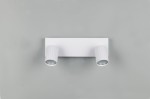Lampa sufitowa Soka w kolorze białym z dwoma reflektorami GU10. Ujęcie frontalne, produkt zamontowany na prostej, kwadratowej podstawie. Reflektory mają teksturowane, cylindryczne klosze. Tło szare, co podkreśla biel lampy.