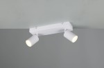 Lampa sufitowa Soka z dwoma reflektorami GU10 w białym kolorze, zamontowana na prostokątnej podstawie. Reflektory mają teksturowaną powierzchnię i są ustawione pod różnymi kątami. Tło w odcieniu szaro-beżowym.