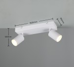 Lampa sufitowa Soka z dwoma reflektorami GU10, w kolorze białym. Prosta konstrukcja z metalowym korpusem, wymiary: 300 mm długości, 90 mm szerokości, 145 mm wysokości. Reflektory mają teksturowaną powierzchnię, skierowane w dół.