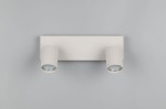 Lampa sufitowa Soka w kolorze szarym, z dwoma reflektorami GU10. Kształt cylindryczny z delikatnymi żłobieniami. Montaż na płaskiej podstawie, widoczne źródła światła. Tło w stonowanej szarości.