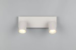 Lampa sufitowa Soka w kolorze szarym z dwoma ruchomymi reflektorami, zamontowana na prostokątnej podstawie. Reflektory mają żebrowaną fakturę i emitują ciepłe światło. Produkt umieszczony na jednolitym tle.