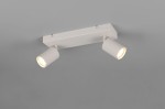 Lampa sufitowa Soka w kolorze szarym z dwoma reflektorami typu GU10. Ujęcie z góry, na prostokątnej podstawie, z cylindrycznymi kloszami o żebrowanej fakturze. Reflektory skierowane w różnych kierunkach, montowane na suficie.