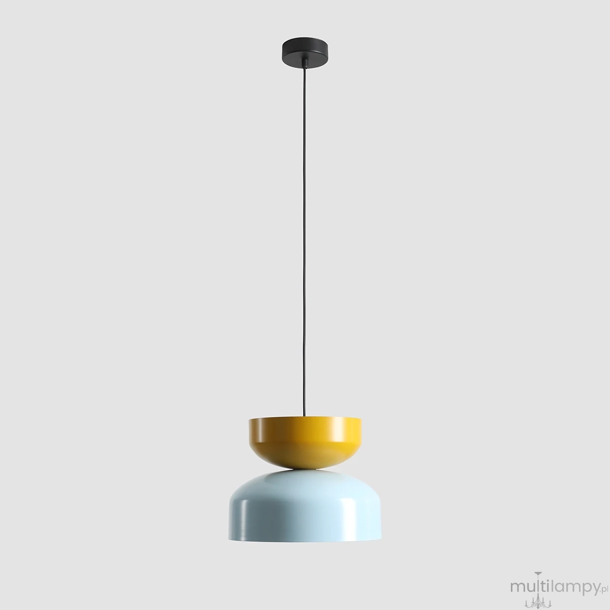 Lampa wisząca Tula z jedną oprawą E27 w kolorze baby blue i musztardowym. Posiada dwa okrągłe klosze, dolny w błękitnym, gładkim wykończeniu, górny w musztardowym, błyszczącym kolorze.