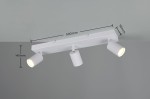 Biała lampa sufitowa z trzema reflektorami GU10, montowana na płaskiej podstawie. Wymiary: długość 500 mm, wysokość 145 mm, szerokość 90 mm. Reflektory o teksturowanej, cylindrycznej obudowie, skierowane w różnych kierunkach. Tło szare.