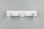 Lampa sufitowa Soka z trzema reflektorami GU10, w białym kolorze. Ułożona poziomo na prostokątnej podstawie, z cylindrycznymi kloszami o teksturowanej powierzchni, skierowanymi w różnych kierunkach. Tło szare.