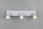 Lampa sufitowa Soka z trzema reflektorami GU10, zamontowana na prostokątnej, białej podstawie. Reflektory mają żłobioną fakturę i emitują ciepłe światło. Ujęcie frontalne, na jednolitym tle.