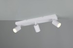 Lampa sufitowa Soka z trzema reflektorami GU10 w kolorze białym, zamontowana na prostokątnej podstawie. Reflektory mają żebrowaną teksturę i są ustawione pod różnymi kątami, co umożliwia skierowanie światła w różnych kierunkach.
