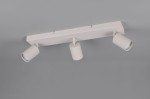 Lampa sufitowa Soka z trzema reflektorami GU10 w szarym kolorze. Metalowa konstrukcja z cylindrycznymi, żebrowanymi oprawami, zamontowana na prostokątnej podstawie. Ujęcie z dołu, ukazujące całość lampy.