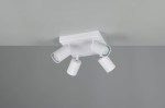 Lampa sufitowa Soka z czterema reflektorami GU10 w białej obudowie. Reflektory mają cylindryczny kształt z rowkowaną fakturą. Ujęcie z góry, ukazujące montaż na suficie, z szarym tłem.