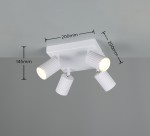 Lampa sufitowa Soka w kolorze białym z czterema reflektorami GU10. Kąt ujęcia z góry, pokazujący wymiary: 200 mm szerokości i 145 mm wysokości. Reflektory mają ryflowaną fakturę i są montowane na prostokątnej podstawie.