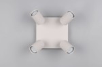 Lampa sufitowa Soka w kolorze szarym z czterema ruchomymi reflektorami GU10. Reflektory mają teksturowane obudowy w kształcie cylindrów. Produkt zamontowany na kwadratowej, płaskiej podstawie. Tło jasnoszare.