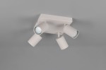 Lampa sufitowa Soka z czterema reflektorami GU10 w szarej obudowie, zamontowana na kwadratowej podstawie. Reflektory mają teksturowane cylindryczne kształty, skierowane w różnych kierunkach, na jednolitym szarym tle.