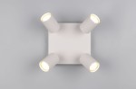 Lampa sufitowa Soka w kolorze szarym z czterema regulowanymi reflektorami GU10. Ujęcie z góry, pokazujące prostokątną podstawę i okrągłe klosze z rowkowaną fakturą. Idealna do oświetlenia wnętrz.