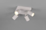 Lampa sufitowa Soka z czterema reflektorami GU10 w szarym kolorze, umieszczona na kwadratowej podstawie. Reflektory o żłobionej fakturze są regulowane, co umożliwia skierowanie światła w różnych kierunkach.
