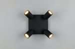 Lampa sufitowa Soka w kolorze czarnym z czterema reflektorami GU10. Ułożona na płaskiej podstawie, z widocznymi żłobieniami na kloszach. Oświetlenie skierowane w różnych kierunkach, idealne do nowoczesnych wnętrz.