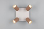 Lampa sufitowa Soka z czterema reflektorami GU10 w kolorze szarym i kawowym. Ustawiona na kwadratowej podstawie, reflektory mają teksturowane wykończenie. Ujęcie z góry, ukazujące całość produktu na jednolitym tle.