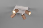 Lampa sufitowa Soka w kolorze szarym z czterema regulowanymi reflektorami w odcieniu kawowym. Ujęcie z dołu, ukazujące detale cylindrycznych kloszy z widocznymi żarówkami GU10. Montowana na płaskim, kwadratowym wsporniku.