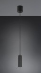 Lampa wisząca Soka w kolorze czarnym, z metalowym cylindrycznym kloszem, zawieszona na cienkim przewodzie. Ujęcie frontalne, produkt zamontowany na suficie, minimalistyczny design, przeznaczona do żarówki GU10.