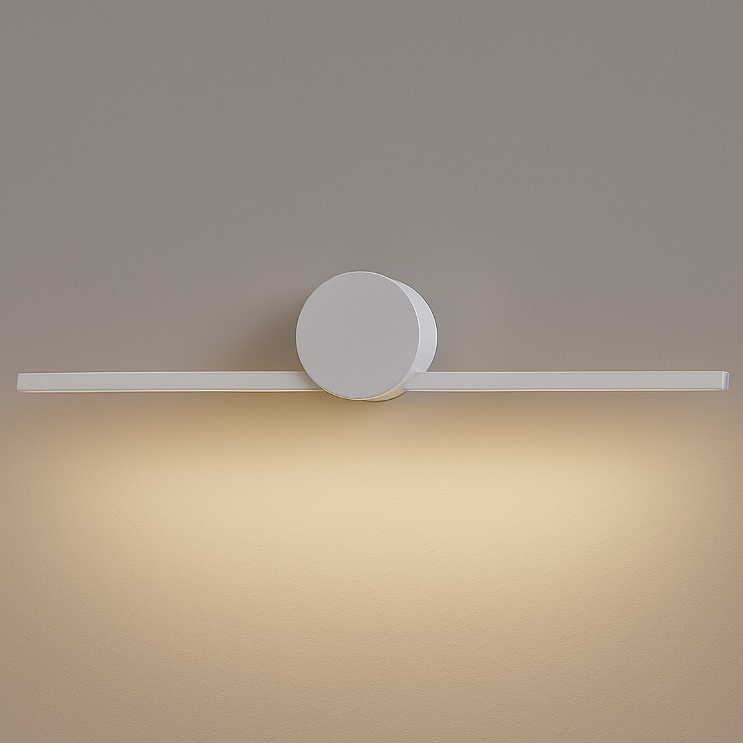Kinkiet Artist L40,5 LED o mocy 6W i temperaturze barwowej 4000K w kolorze białym. Stojąca, okrągła podstawa z poziomą, prostokątną listwą świetlną, emitującą ciepłe światło na ścianę. IP44, idealny do łazienki.
