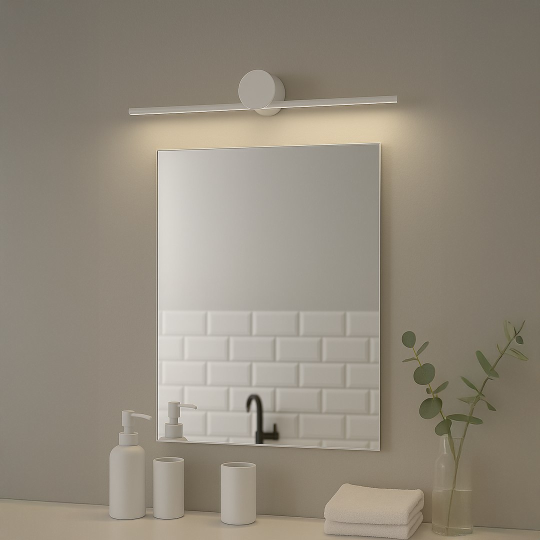 Kinkiet Artist L40,5 LED 6W 4000K IP44 w kolorze białym, zamontowany nad lustrem. Oświetlenie punktowe w minimalistycznym stylu, z okrągłym mocowaniem i prostokątną lampą, w jasnym wnętrzu z elementami białej cegły. W tle kosmetyki i roślinność.