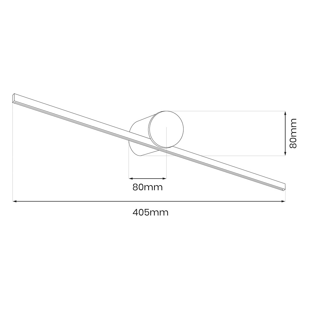 Kinkiet LED Artist w kolorze białym o długości 405 mm, średnicy podstawy 80 mm i wysokości 80 mm. Posiada nowoczesny, minimalistyczny kształt i jest przeznaczony do użytku w pomieszczeniach o podwyższonej wilgotności (IP44).