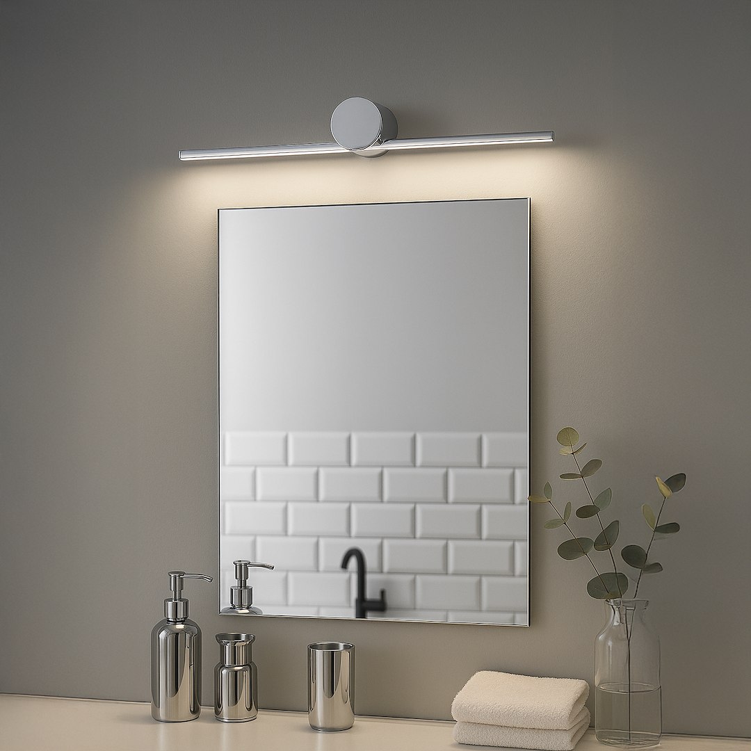 Kinkiet LED Artist L40,5 o mocy 6W i temperaturze barwowej 4000K, w chromowanej obudowie. Zainstalowany nad lustrem, emitujący neutralne światło, w otoczeniu akcesoriów łazienkowych na jasnym blacie.