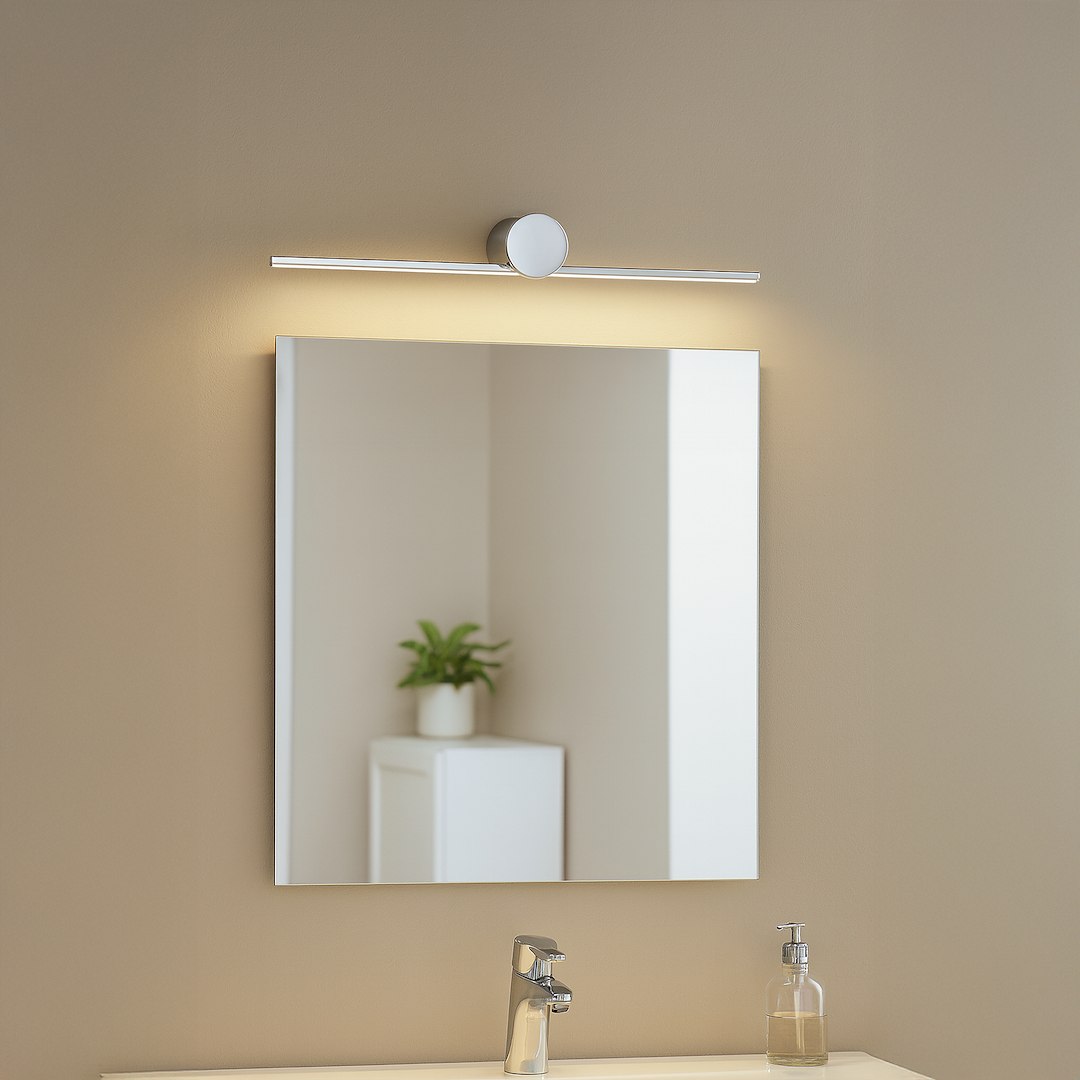 Kinkiet Artist L40,5 LED 6W 4000K IP44 w chromowanej obudowie, zamontowany nad lustrem w łazience. Oświetlenie emitowane jest w górę, tworząc przyjemną atmosferę. W tle widoczna roślina oraz umywalka z baterią i mydłem.