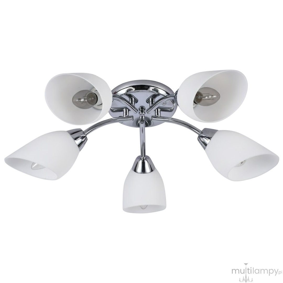 Lampa sufitowa Portos 5xE14 w kolorze chromu. Posiada pięć kloszy z białego szkła, zamocowanych na elastycznych ramionach. Frontalne ujęcie, ukazujące nowoczesny design i detale wykończenia. Idealna do nowoczesnych wnętrz.