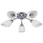 Lampa sufitowa Portos 5xE14 w kolorze chromu. Posiada pięć kloszy z białego szkła, zamocowanych na elastycznych ramionach. Frontalne ujęcie, ukazujące nowoczesny design i detale wykończenia. Idealna do nowoczesnych wnętrz.
