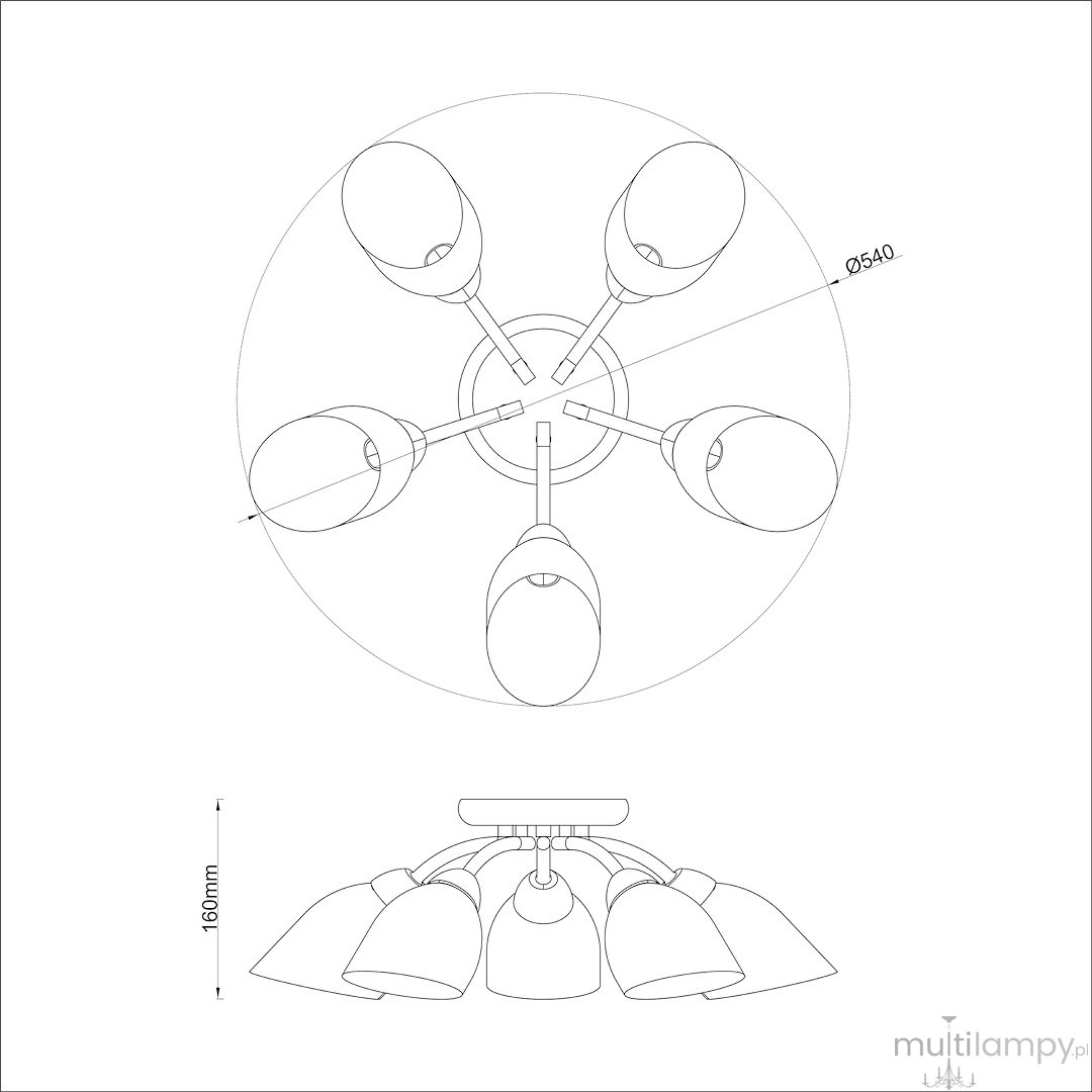 Lampa sufitowa Portos 5xE14 w chromowanej oprawie, z pięcioma kloszami rozmieszczonymi promieniście. Wymiary: średnica 540 mm, wysokość 160 mm. Ujęcie z góry, pokazujące szczegóły konstrukcji i układ źródeł światła.