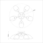 Lampa sufitowa Portos 5xE14 w chromowanej oprawie, z pięcioma kloszami rozmieszczonymi promieniście. Wymiary: średnica 540 mm, wysokość 160 mm. Ujęcie z góry, pokazujące szczegóły konstrukcji i układ źródeł światła.