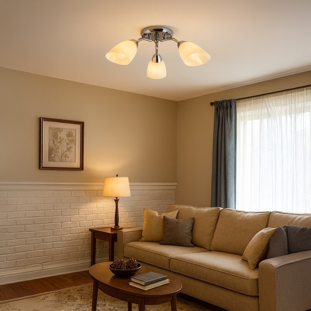 Lampa sufitowa Portos z trzema kloszami E14 w kolorze chromu. Klosze mają łagodny kształt i są wykonane z mlecznego szkła, umieszczone na chromowanej podstawie. Lampa zamontowana na suficie w jasnym wnętrzu, obok kanapy i lampy stołowej.