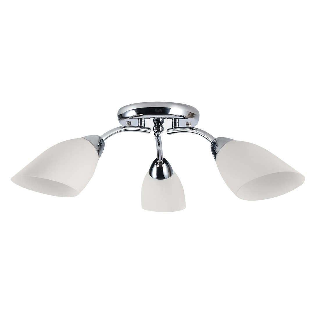 Lampa sufitowa Portos 3xE14 w chromowanej oprawie z trzema kloszami w kolorze matowej bieli. Ujęcie frontalne, lampa zamontowana na suficie, z wyraźnymi detalami mocowania i eleganckim wykończeniem.