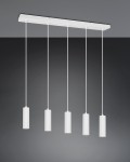Lampa wisząca Soka z pięcioma oprawami GU10, w białym kolorze. Cylindryczne klosze z rowkowaną fakturą zawieszone na cienkich linkach. Montowana na prostokątnej podstawie. Tło ciemnoszare, podkreślające elegancki design.