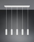 Lampa wisząca Soka z pięcioma oprawami GU10, biała. Zawieszona na prostokątnej podstawie, z cylindrycznymi kloszami o teksturowanej powierzchni. Ujęcie frontalne, na jednolitym ciemnym tle.