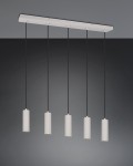 Lampa wisząca Soka z pięcioma oprawami GU10 w kolorze szarym. Posiada prostokątną białą podstawę z czarnymi zwisami. Każda oprawa ma cylindryczny kształt z teksturowaną powierzchnią. Produkt zawieszony na równych długościach, na jednolitym tle.