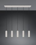 Lampa wisząca Soka z pięcioma źródłami światła GU10 w kolorze szarym. Cylindryczne klosze z teksturą na długich, czarnych zawieszkach. Montaż na prostokątnej, białej podstawie. Idealna do nowoczesnych wnętrz.
