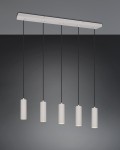 Lampa wisząca Soka z pięcioma oprawami GU10 w szarym kolorze. Cylindryczne klosze z białego materiału zawieszone na czarnych przewodach, zamontowane na prostokątnej bazie. Ujęcie frontalne, na jednolitym tle.