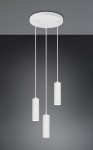 Lampa wisząca Soka z trzema oprawami GU10, w kolorze białym. Posiada cylindryczne klosze z pionowymi żłobieniami, zawieszone na cienkich linkach. Montaż na okrągłej podstawie sufitowej, w prostym, nowoczesnym stylu.