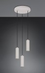 Lampa wisząca Soka w kolorze szarym z trzema kloszami GU10. Klosze mają cylindryczny kształt z pionowymi żłobieniami, zawieszone na cienkich, czarnych przewodach. Montaż na okrągłej, białej podsufitce.