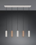 Lampa wisząca Soka z pięcioma oprawami GU10 w kolorze szarym i kawowym. Elementy mają cylindryczny kształt, zawieszone na czarnych przewodach. Montaż na prostokątnej, białej podstawie. Tło w odcieniu ciemnoszarym.