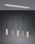 Lampa wisząca Soka z pięcioma oprawami GU10 w kolorze szarym i kawowym. Posiada cylindryczne klosze w różnych odcieniach, zawieszone na czarnych linkach, montowane do białej podstawy. Całość na ciemnym tle.