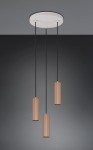 Lampa wisząca Soka z trzema cylindrycznymi kloszami w kolorze kawowym, zawieszona na czarnych przewodach. Montaż na okrągłej, białej podsufitce. Klosze mają teksturowaną powierzchnię, idealne do nowoczesnych wnętrz.