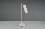 Lampa stołowa Soka, szara, z okrągłą podstawą. Posiada cylindryczny klosz z rowkowaną teksturą, zamontowany na prostym, pionowym stelażu. Ujęcie z boku, ukazujące detal klosza i jego kąt nachylenia.