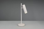 Lampa stołowa Soka w kolorze szarym z podstawą okrągłą. Stylizowany klosz w formie walca z teksturą, zamontowany na prostym stelażu. Ujęcie frontalne, lampa ustawiona w pozycji stojącej, skierowana lekko w dół.