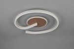 Lampa sufitowa Calle 2xLED 21W CCT w kawowym kolorze z białymi, okrągłymi elementami. Montaż na suficie, widok z dołu, prezentujący unikalny, spiralny kształt oraz okrągłą, brązową podstawę.